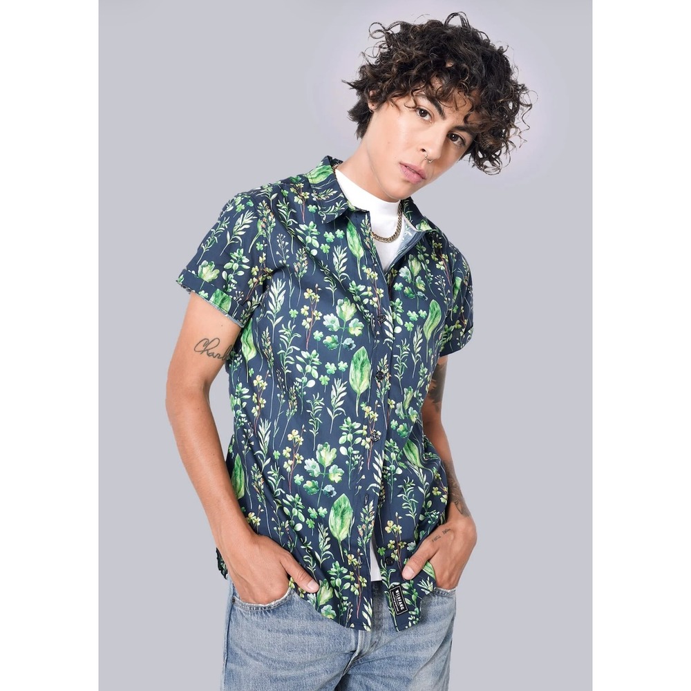 Wildfang Essential SS Button Up Shirt XS Green Botanical Cotton Tailored